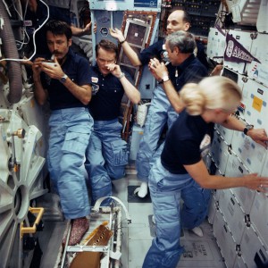 Poor Karol "Bo" Bobko (second left, rubbing nose) supported his crew through two canceled missions before they finally made it into orbit on 12 April 1985. Photo Credit: NASA