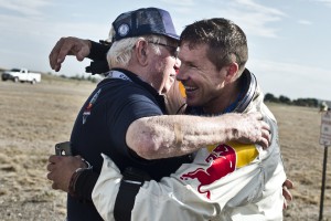 Retired Air Force Colonel Joe Kittenger and Felix Baumgartner after Wednesday's successful jump. Photo Credit: Red Bull Content Pool