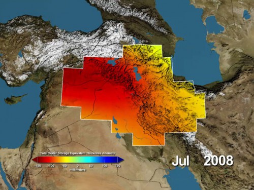Variations in total water storage from normal, in millimeters, in the Tigris and Euphrates river basins, as measured by NASA's Gravity Recovery and Climate Experiment (GRACE) satellites, from January 2003 through December 2009. Reds represent drier conditions, while blues represent wetter conditions. The majority of the water lost was due to reductions in groundwater caused by human activities. By periodically measuring gravity regionally, GRACE tells scientists how much water storage changes over time. Image Credit: NASA/UC Irvine/NCAR