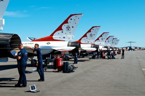 The F-16s with the U.S. Air Force's Thunderbirds being readied for the 2013 TICO Warbird Air Show. Photo Credit: Jeffrey J. Soulliere
