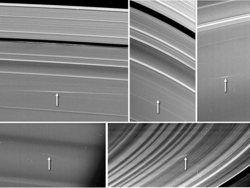Five images takn by Cassini showing tracks in Saturn's rings made by meteor impacts, between 2009 and 2012. Image Credit: NASA/JPL-Caltech/Space Science Institute