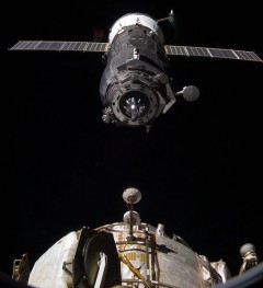 A Progress cargo ship approaches the Pirs docking module. At some stage within the next year, Pirs will be decommissioned, making it the first long-term ISS module to be deorbited. Photo Credit: NASA