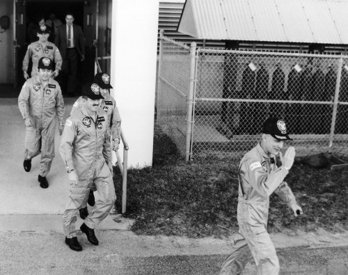 Commander Ken Mattingly (right) had already announced his retirement from NASA to return to the U.S. Navy by the time Mission 51C took place. By his own admission, only the first shuttle mission from Vandenberg Air Force Base might have encouraged him to stay. A year later, the loss of Challenger sounded the death-knell for shuttle flights from the West Coast. Photo Credit: NASA