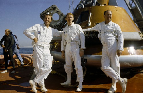 The Apollo 14 crew, pictured during water survival training in October 1971. From left are Al Shepard, Stu Roosa and Ed Mitchell. Photo Credit: NASA