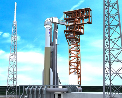 Artist's concept of Boeing's CST-100 space taxi atop a man rated ULA Atlas-V rocket showing new crew access tower and arm at Space Launch Complex 41, Cape Canaveral Air Force Station, Fla. Credit: ULA