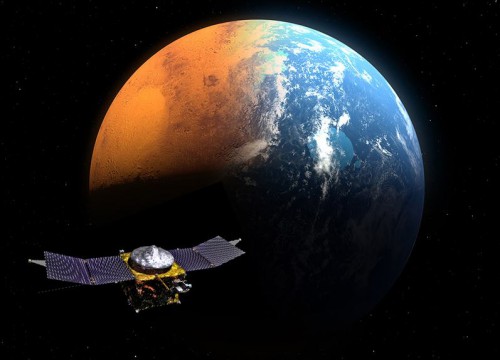 NASA's MAVEN spacecraft is depicted in orbit around an artistic rendition of planet Mars, which is shown in transition from its ancient, water-covered past, to the cold, dry, dusty world that it has become today.  Credit: NASA