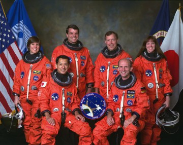 The multi-national crew of STS-99 included Japan's Mamoru Mohri (seated left) and Germany's Gerhard Thiele (seated right). Standing (from left) are Janice Voss, Kevin Kregel, Dom Gorie and Janet Kavandi. Photo Credit: NASA 