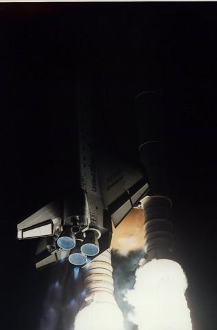 Endeavour thunders into the darkness at 1:38 a.m. EST on 2 March 1995, bound for her record-breaking mission. Photo Credit: NASA