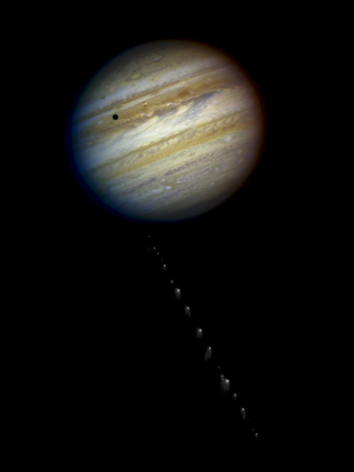 A composite assembled from separate images of Jupiter and comet Shoemaker-Levy 9, that were taken with the Hubble Space Telescope in July 1994, as the comet was about to impact the giant planet. The dark spot on the planet's disc is the shadow of the inner moon lo. Image Credit: NASA, ESA, H. Weaver & E. Smith (STScI) and J. Trauger & R. Evans (Jet Propulsion Laboratory)