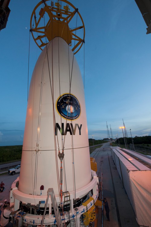 MUOS-4, the next satellite scheduled to join the U.S. Navy’s Mobile User Objective System (MUOS) secure communications network, has been encapsulated in its protective launch vehicle fairing for its August 31 launch from Cape Canaveral Air Force Station. Photo Credit: ULA