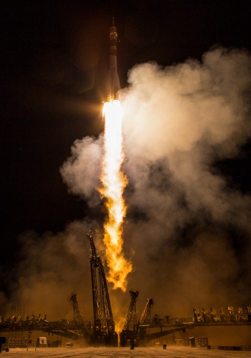 The Soyuz TMA-17M rocket launches from the Baikonur Cosmodrome in Kazakhstan on Thursday, July 23, 2015. Photo Credit: NASA/Aubrey Gemignani