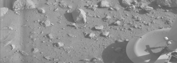 The first image sent back by Viking i of the surface of Mars. Photo Credit: NASA/JPL-Caltech