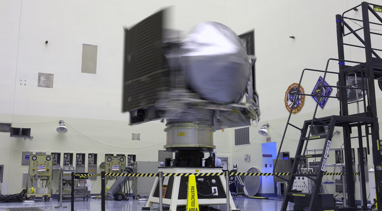 From NASA: "NASA's OSIRIS-REx spacecraft rotates on a spin table during a weight and center of gravity test inside the Payload Hazardous Servicing Facility at Kennedy Space Center in Florida. The spacecraft is being prepared for its scheduled launch on Sept. 8." The spacecraft underwent a series of last-minute tests to ensure it was 100% ready for the rigors of deep space. Photo Credit: NASA/Kim Shiflett