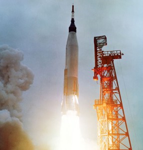 Mercury astronaut Scott Carpenter lifts off from Cape Canaveral on May 24, 1962, in his Aurora 7 capsule. The fourth American in space and second American to orbit Earth, Carpenter spent nearly five hours testing equipment and taking photographs before splashing down. Photo Credit: NASA