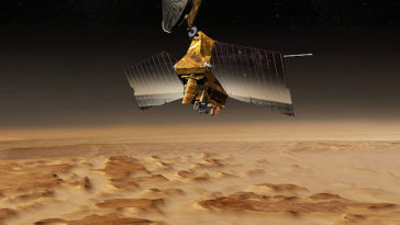 Artist's concept of NASA's Mars Reconaissance Orbiter orbiting the martian surface. The 'HiRISE' camera onboard the spacecraft has photographed the first color images of rover Spirit's lander, as well as the Phoenix Mars Lander. Image Credit: NASA / JPL