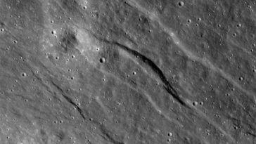 This shows the largest of the newly detected graben found in highlands of the lunar farside. The broadest graben is about 500 meters (1,640 feet) wide and topography derived from Lunar Reconnaissance Orbiter Camera (LROC) Narrow Angle Camera (NAC) stereo images indicates they are almost 20 meters (almost 66 feet) deep. Photo Credit: NASA/Goddard/Arizona State University/Smithsonian Institution)