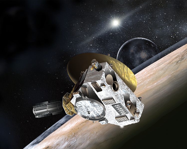Artist's concept of the New Horizons spacecraft during its planned encounter with Pluto and its moon, Charon. Image Credit: NASA