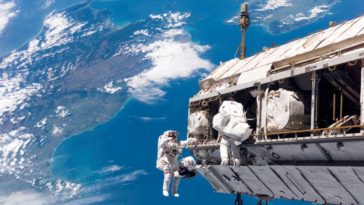 Shuttle Discovery mission specialists Robert Curbeam (left) and Christer Fuglesang work on ISS construction during a spacewalk in 2006. NASA TV will broadcast the next ISS spacewalk of two cosmonauts Feb. 16th. Photo Credit: NASA
