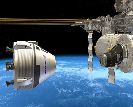 Artist's concept of Boeing's CST-100 crew capsule approaching the International Space Station. NASA has issued a call for industry to submit proposals for the Commercial Crew Integrated Capability Initiative. Image Credit: Boeing