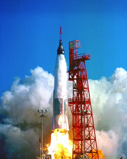Launch of Friendship 7, the first American manned orbital space flight. Astronaut John Glenn aboard, the Mercury-Atlas rocket is launched from Pad 14. Photo Credit: NASA