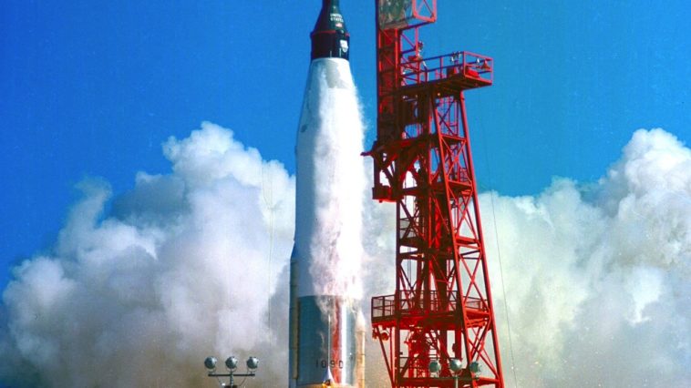 Launch of Friendship 7, the first American manned orbital space flight. Astronaut John Glenn aboard, the Mercury-Atlas rocket is launched from Pad 14. Photo Credit: NASA