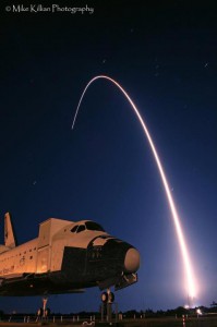 NASA's shuttle replica at KSC during the launch of WGS-4 last January. Photo Credit: Mike Killian