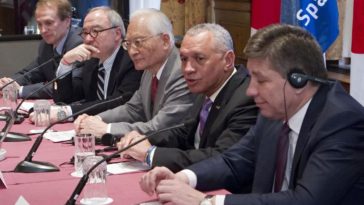 The senior International Space Station leadership during the Heads of Agency meeting in Quebec, Canada, Thursday, March 1, 2012. From left to right are Steve MacLean, Canadian Space Agency president; Jean-Jacques Dordain, European Space Agency director general; Keiji Tachikawa, Japan Aerospace Exploration Agency president; Charles Bolden, NASA administrator; Vladimir Popovkin, Roscosmos general director. Photo Credit: Canadian Space Agency