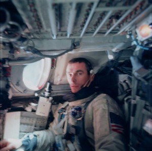 An exhausted Gene Cernan can barely manage a grimace for Tom Stafford's camera after completing his spacewalk on Gemini IX-A. Had the hands of fate played out a little differently, this seat might instead have been occupied by Charlie Bassett. Photo Credit: NASA