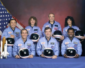 Challenger's final crew. Front row (from left) are Mike Smith, Dick Scobee and Ron McNair. Back row (from left) are Ellison Onizuka, Christa McAuliffe, Greg Jarvis and Judy Resnik. Photo Credit: NASA