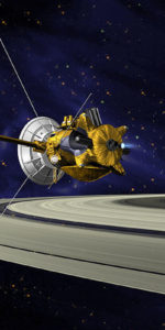 An artist's concept of Cassini during the Saturn Orbit Insertion (SOI) maneuver, just after the main engine has begun firing. Image Credit: NASA/JPL