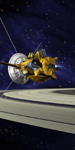An artist's concept of Cassini during the Saturn Orbit Insertion (SOI) maneuver, just after the main engine has begun firing. Image Credit: NASA/JPL