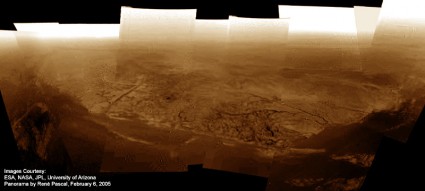 A panorama of the shoreline where Huygens touched down on Titan, stitched from DISR Side-Looking and Medium-Resolution Imager Raw Data. Image Credit: ESA / NASA / JPL / University of Arizona / Rene Pascal (panorama)