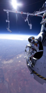 Felix Baumgartner moments before jumping from an altitude of just over 71,000 feet. The jump was a dress rehearsal for a planned record breaking jump from 120,000 feet this summer. Photo Credit: Jay Nemeth/Red Bull Content Pool