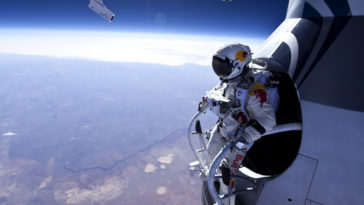 Felix Baumgartner moments before jumping from an altitude of just over 71,000 feet. The jump was a dress rehearsal for a planned record breaking jump from 120,000 feet this summer. Photo Credit: Jay Nemeth/Red Bull Content Pool