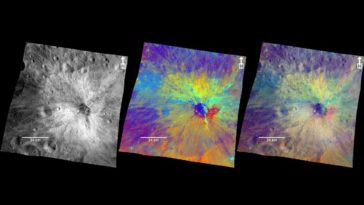Composite images from the framing camera aboard NASA’s Dawn spacecraft show three views of a terrain with ridges and grooves near Aquilia crater in the southern hemisphere of the giant asteroid Vesta. Image credit: NASA/JPL-Caltech/UCLA/MPS/DLR/IDA