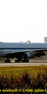 A modified NASA 747 Shuttle Carrier Aircraft, or SCA, arrives at Kennedy Space Center yesterday afternoon. The SCA will fly space shuttle Discovery to her new home next week at the Smithsonian National Air and Space Museum, Steven F. Udvar-Hazy Center in Chantilly, VA. Photo Credit: Julian Leek / Blue Sawtooth