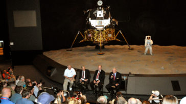 Astronauts Charlie Duke (Apollo 16), Edgar Mitchell (Apollo 14) and Fred Haise (Apollo 13) talk about their missions to celebrate the 40th anniversary of Apollo 16 landing on the moon. Photo Credit: Julian Leek