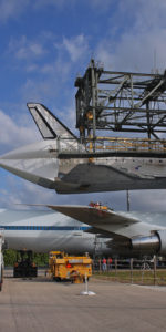 Space shuttle Discovery ready to be mated to NASA's modified 747 shuttle carrier aircraft earlier today. Weather permitting, Discovery will be flown from Kennedy Space Center to Dulles International Airport tuesday morning to go on permanent public display as a museum piece at the Smithsonian National Air and Space Museum, Steven F. Udvar-Hazy Center in Chantilly, Virginia. Photo Credit: Mike Killian