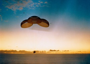 In an uncannily similar view to Friday's return of Orion, the Apollo 10 command module descends to Earth on 26 May 1969. Photo Credit: NASA