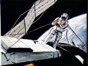 Artist's concept of Pete Conrad working with the Beam Erection Tether (BET) to free the clogged solar array. Image Credit: NASA
