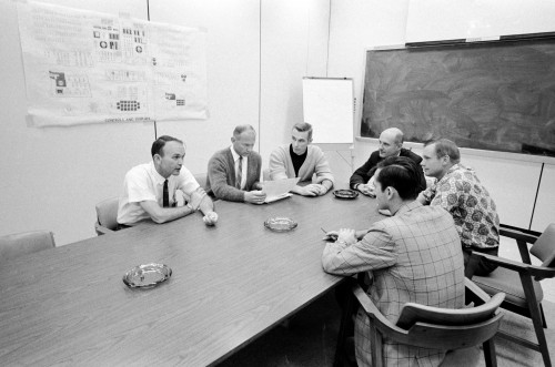 Pictured in June 1969, the astronauts of Apollo 10 and 11 enabled the final steps of President John Kennedy's goal to be accomplished. Around the table, from the left, are Mike Collins, Buzz Aldrin, Gene Cernan, Tom Stafford, Neil Armstrong and John Young. Photo Credit: NASA 