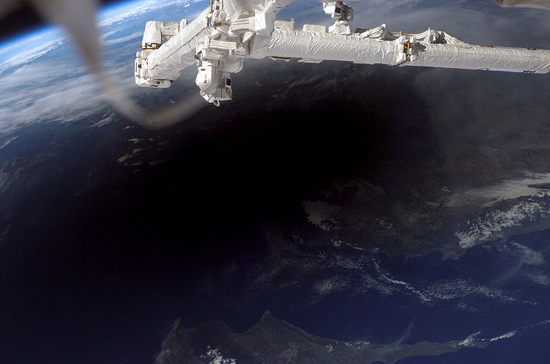 A solar eclipse in March 2006, as photographed from the International Space Station over Turkey, northern Cyprus, and the Mediterranean Sea. Photo Credit: NASA