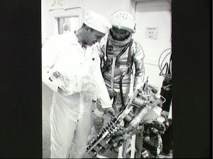 In the months before launch, opinion was divided amongst NASA managers over whether Cooper (right) or his backup, Alan Shepard (left), should fly the final Mercury mission. In this training image from February 1963, the pair examine one of the spacecraft's instrument panels. Photo Credit: NASA 