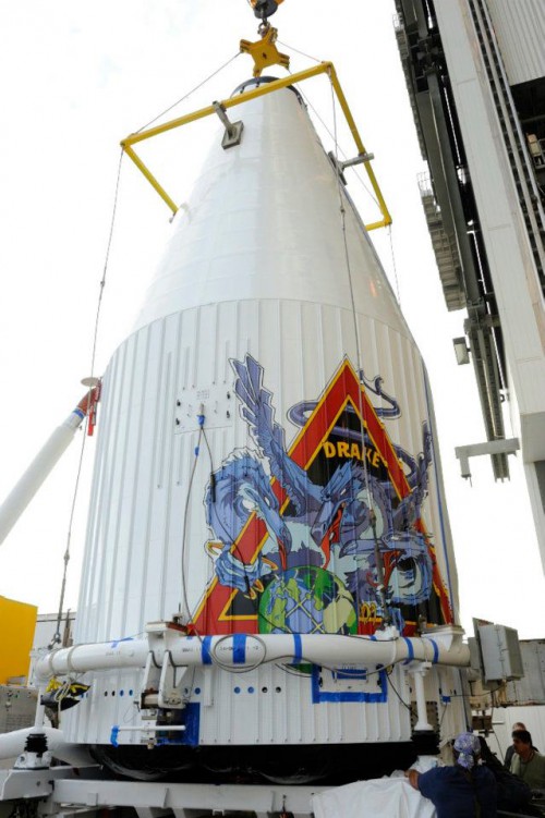 Four meter Atlax V 401 shroud carrying seventh SDS-C satellite is lifted atop single engine Centaur, prior to the June 2012 mission.  Photo Credit:  ULA 