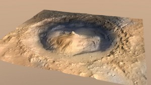 An artist took imaging and other data from various Mars orbiters and combined them applying more depth to scene for a highly realistic depiction of Gale Crater and 18,000 ft. Mt. Sharp: Image Credit: NASA/JPL/ESA/DLR/FU Berlin/MSSS