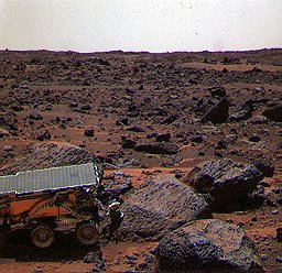 Color view of the Sojourner rover at work on Mars' surface in summer 1997. Photo Credit: NASA