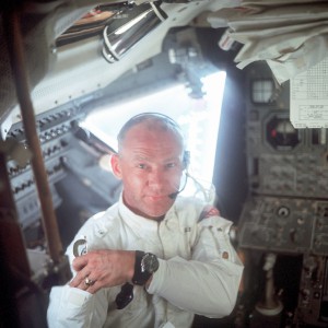Buzz Aldrin, seen in front of the main control console of the Lunar Module (LM) during Apollo 11. Photo Credit: NASA