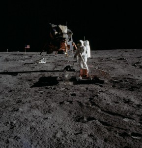 Backdropped by the lunar module Eagle, Buzz Aldrin works on the surface. Photo Credit: NASA