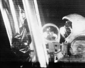 Very few images exist of Neil Armstrong on the surface; most are underexposed or unposed or reflected in Buzz Aldrin's visor. This view from a televised transmission shows Armstrong (left) and Aldrin during their Moonwalk. Photo Credit: NASA