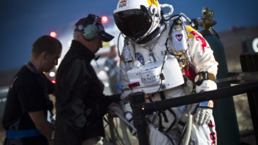 Felix Baumgartner ready to board his custom pressurized capsule, setting the stage for an 18 mile high jump in the skies above Roswell, NM on July 25, 2012. Photo Credit: Predrag Vuckovic/Red Bull Content Pool